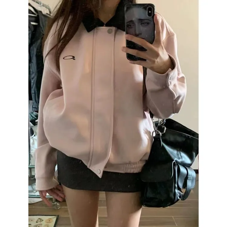 美式复古棒球服仿麂皮绒外套女秋季2024新款高级翻领宽松夹克上衣