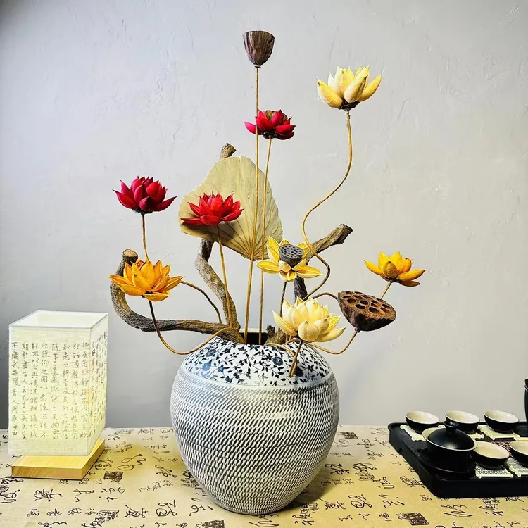 【圆满】玄关摆件手工干花摆件客厅高奢装饰陶瓷花瓶边几创意插花
