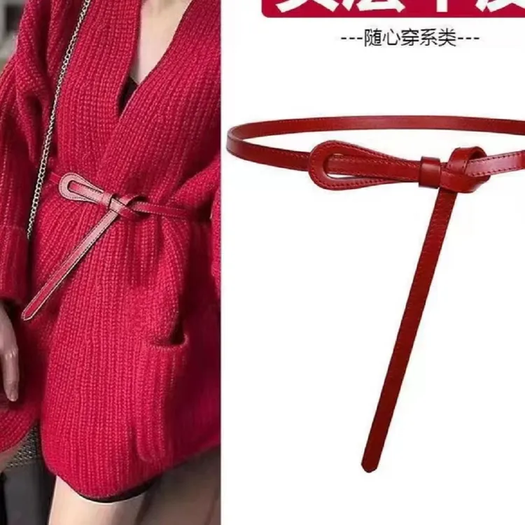 打结真牛皮细腰带潮流百搭女士女款腰带裙带皮带1.3cm腰带女款