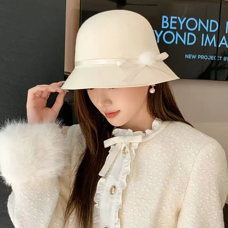 名媛风羊毛圆顶渔夫帽子女士冬季甜美气质款赫本风千金显脸小盆帽