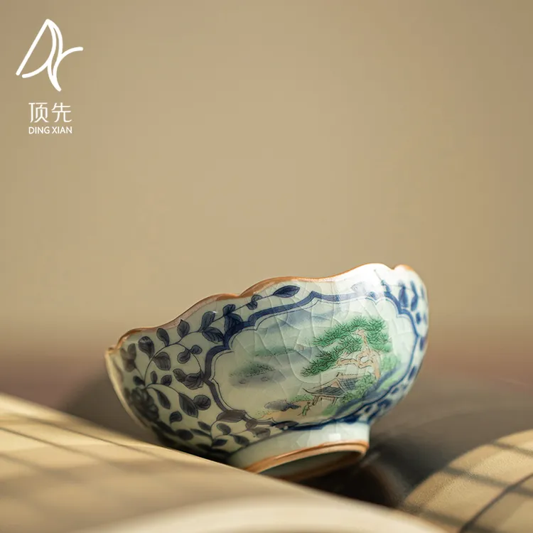 顶先 老陶泥青花开窗图闻香杯开片品茗杯复古陶瓷中式茶杯 A9339