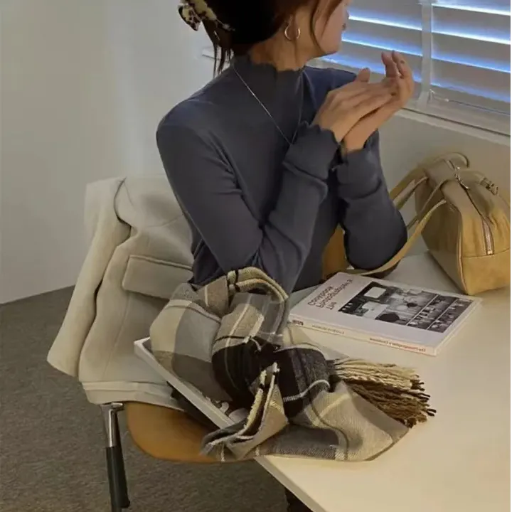 木耳边半高领春秋冬打底衫纯色百搭显瘦套头女款时尚保暖毛衣套头
