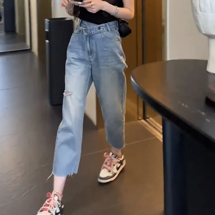 梨形显瘦大码女装破洞洋气哈伦老爹牛仔裤子女2025年夏季新款薄款