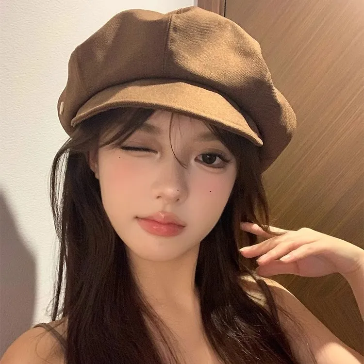 时尚简约咖色贝雷帽女春秋日系复古帽子八角帽大头围显脸小画家帽