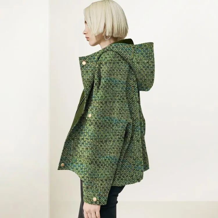 QOOEL绿色连帽毛呢外套女2025年秋装新款小个子穿搭宽松呢子大衣