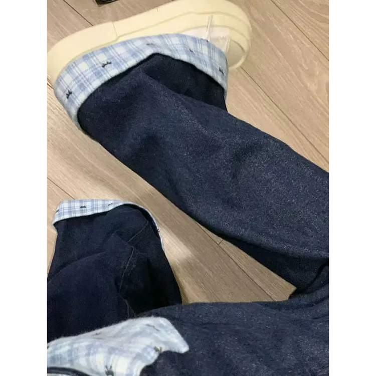 美式ins拼接设计感高腰阔腿牛仔裤女2024秋冬宽松休闲显瘦直筒裤