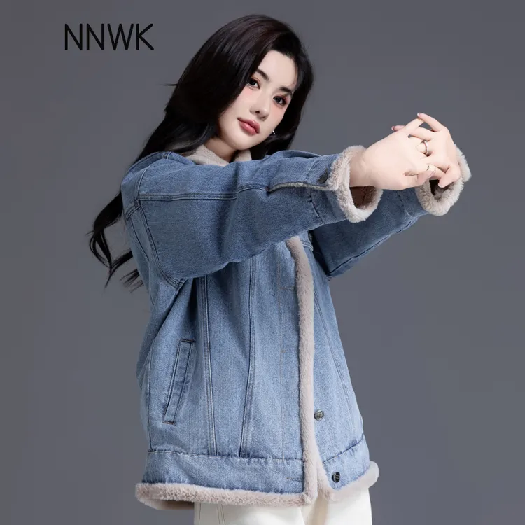 蓝色加绒牛仔外套女2025秋冬新款休闲加绒棉衣加厚派克服上衣冬装