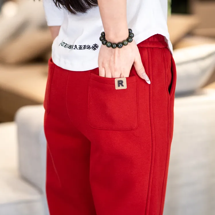 欧货红色加绒卫裤女冬季新款高腰显瘦小个子休闲束脚裤新年中国红