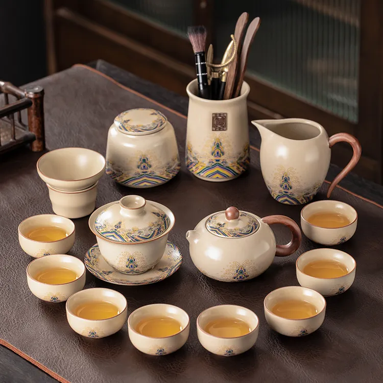 2024新款汝窑功夫茶具套装陶瓷家用茶壶盖碗茶杯轻奢高档礼盒装