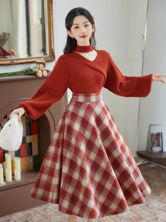 秋冬新款盐系气质成熟御姐针织毛衣格子半身裙套装