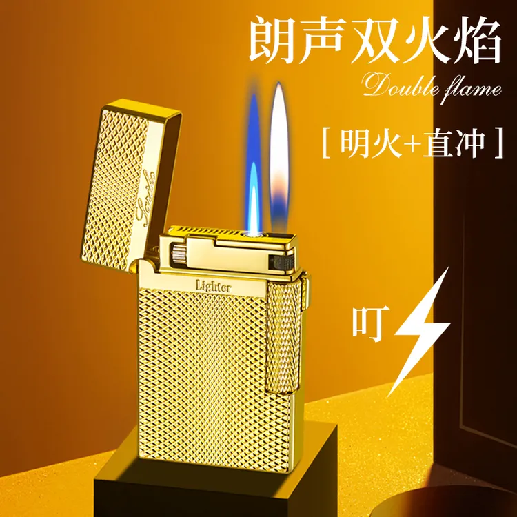 高档朗声充气双火打火机直冲侧滑砂轮个性创意潮明火点烟器送男友