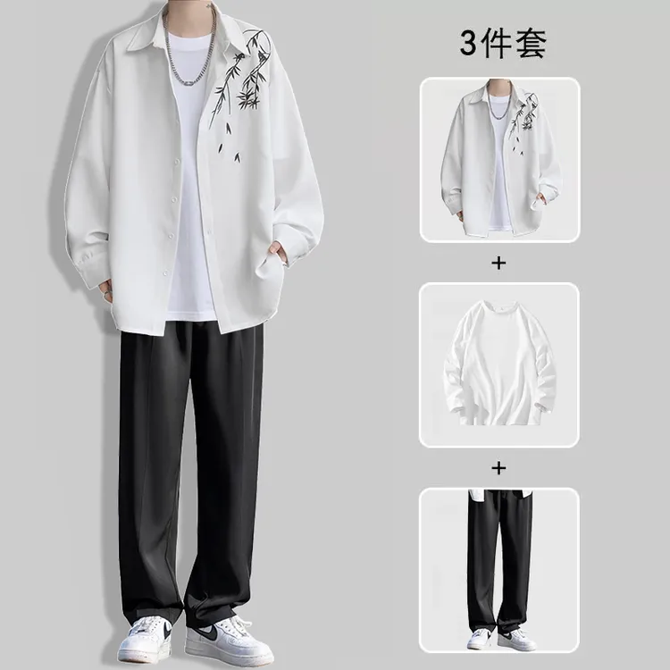 痞帅衬衫男长袖春秋季外套高级感男装搭配一套帅气新中式国风套装