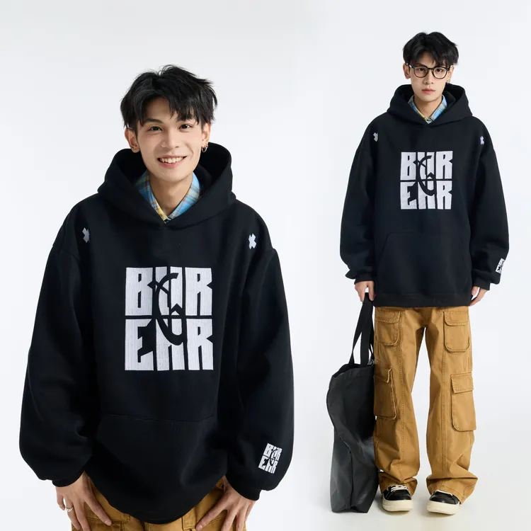 GL重工刺绣秋冬加绒加厚卫衣男冬季高街潮牌连帽长袖外套小众