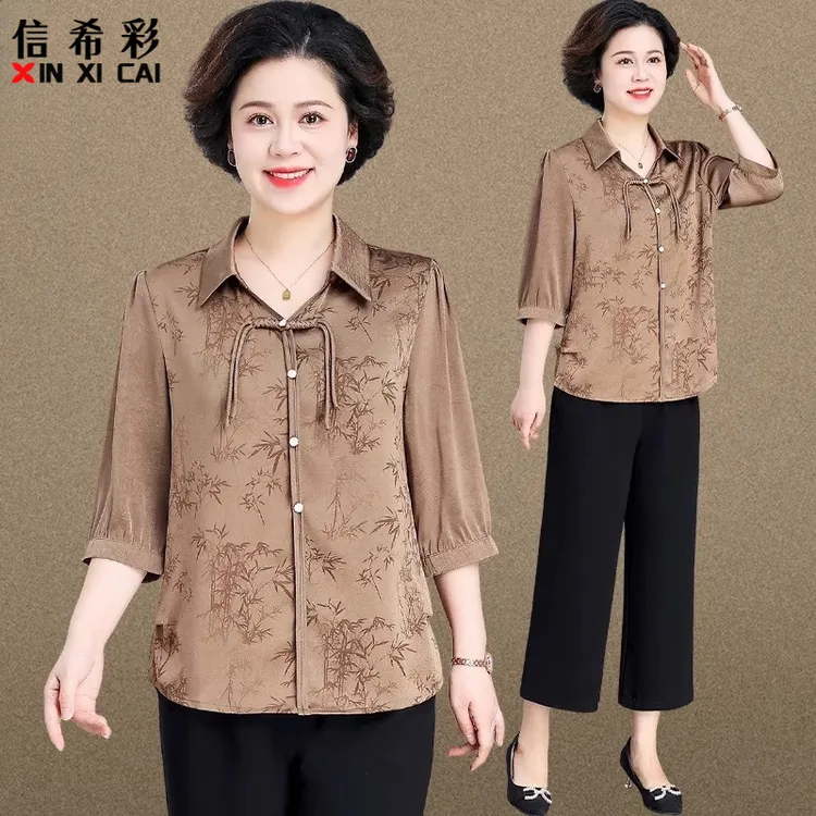 新中式妈妈秋装套装2025新款中老年人女装七分袖衬衫洋气国风上衣