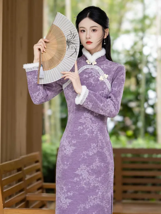 复古风年轻款淑女范加绒紫色旗袍2025年冬季新款日常新中式连衣裙