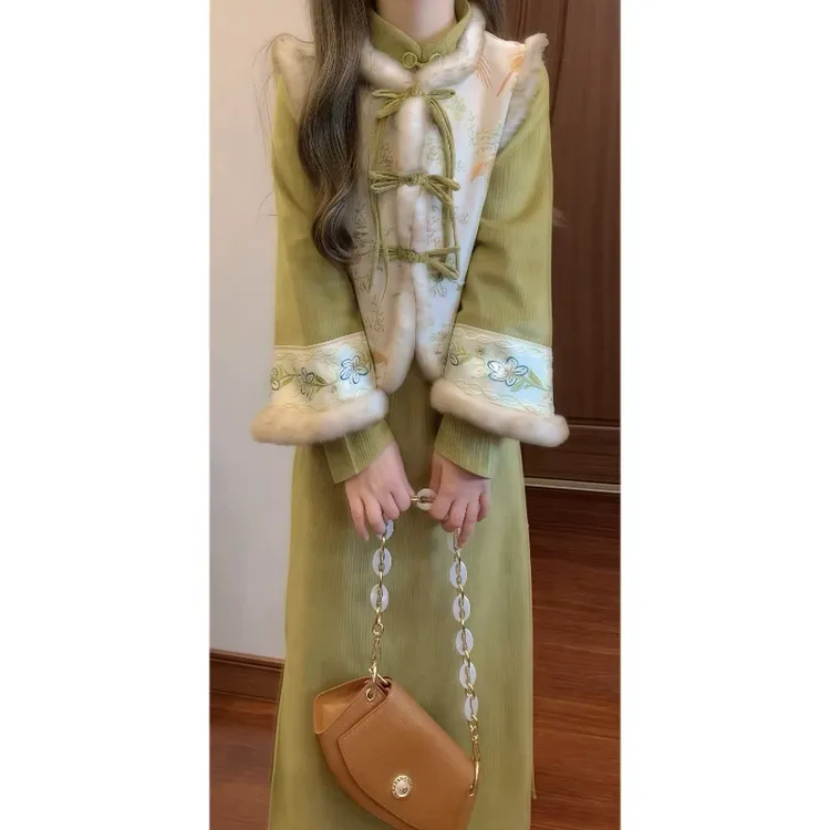 新中式女装温婉改良旗袍超仙马甲连衣裙国风复古套装汉元素两件套