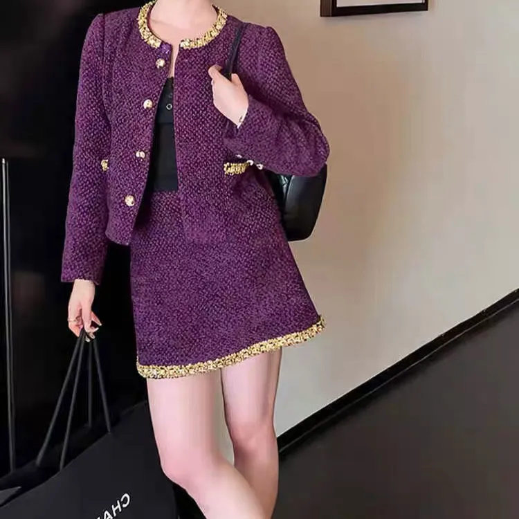 千金风紫色套装裙女高级感重工钉珠短外套气质名媛高腰半裙两件套