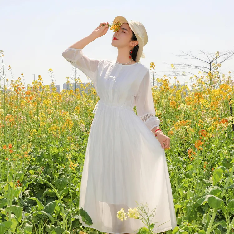 繁花（858）夏季气质高端文艺文旅风莱赛尔天丝宽松系带收腰连衣裙