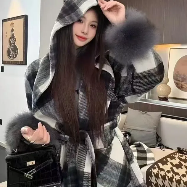 双面韩系大衣2024秋冬外套高级格子新款中长款毛呢灰毛袖格子大衣