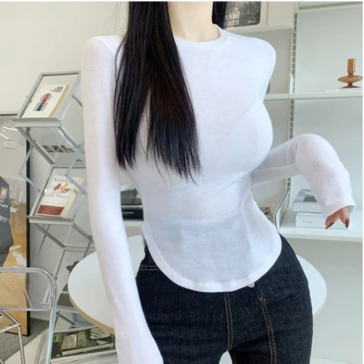 纯欲圆领显身材打底衫女秋冬弧形下摆修身T恤长袖紧身不规则上衣