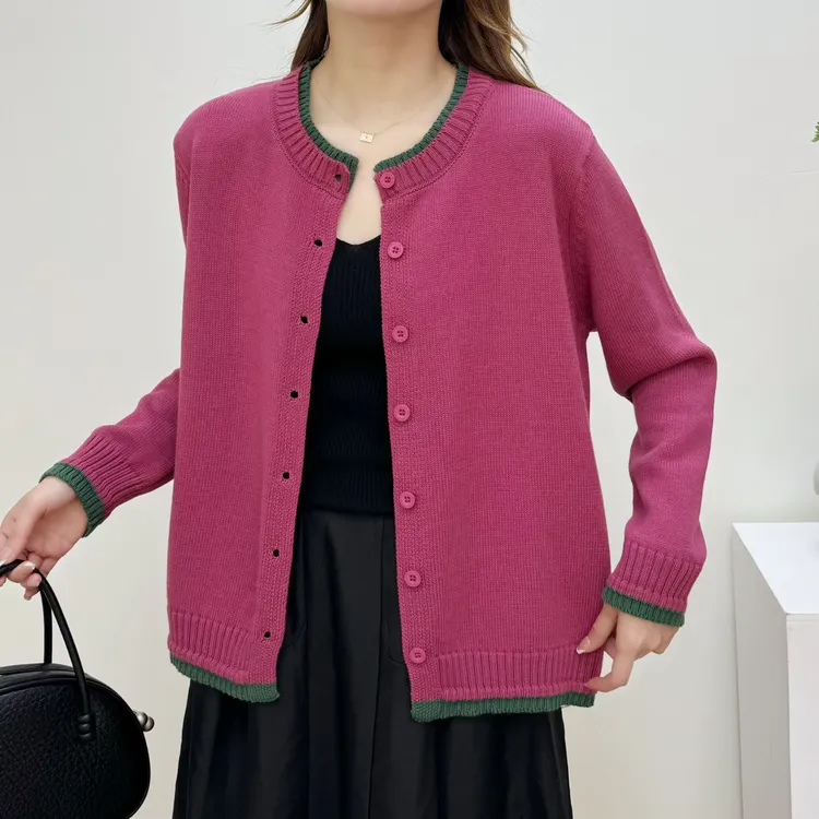 100%纯棉线拼色假两件圆领复古长袖针织开衫早秋女士宽松百搭外套