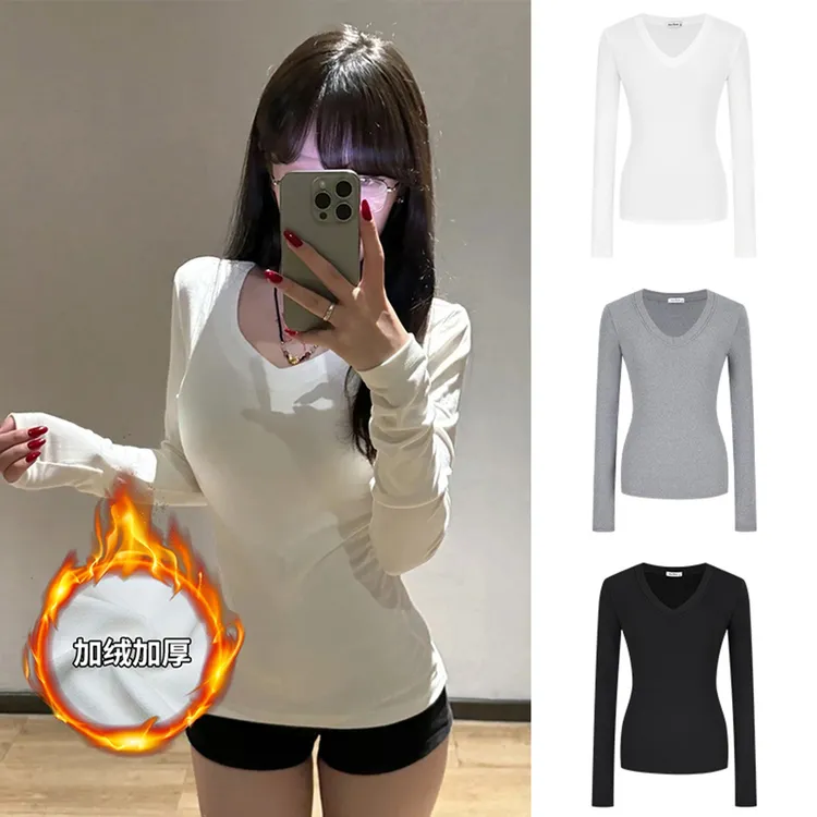 MosesQueen/魔西女王加绒加厚长袖T恤女修身显瘦高弹力V领打底衫