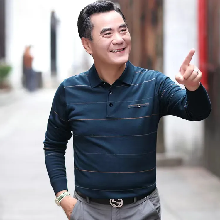 爸爸装春秋装薄款上衣中老年宽松长袖t恤男春秋季中年男士打底衫