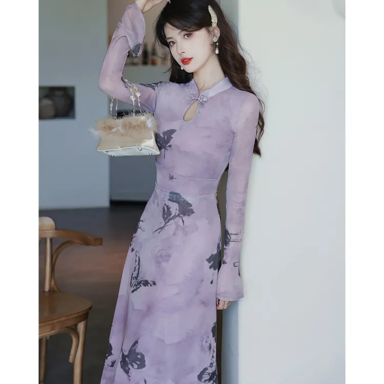 新中式改良旗袍裙女早春穿搭法式修身长袖印花连衣裙国风女装6621