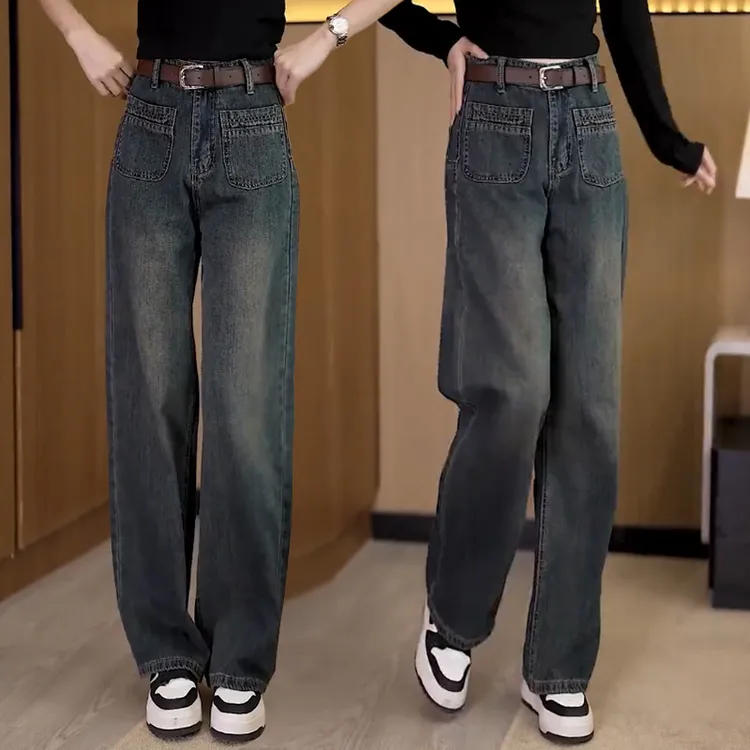 直筒牛仔裤女2025年秋冬新款宽松小个子高腰春秋季显瘦加绒阔腿裤