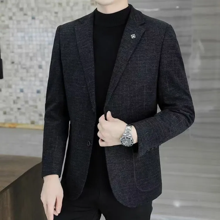 皮尔卡丹冬季毛呢西服男士秋冬休闲加厚外套加大码长袖小西装上衣