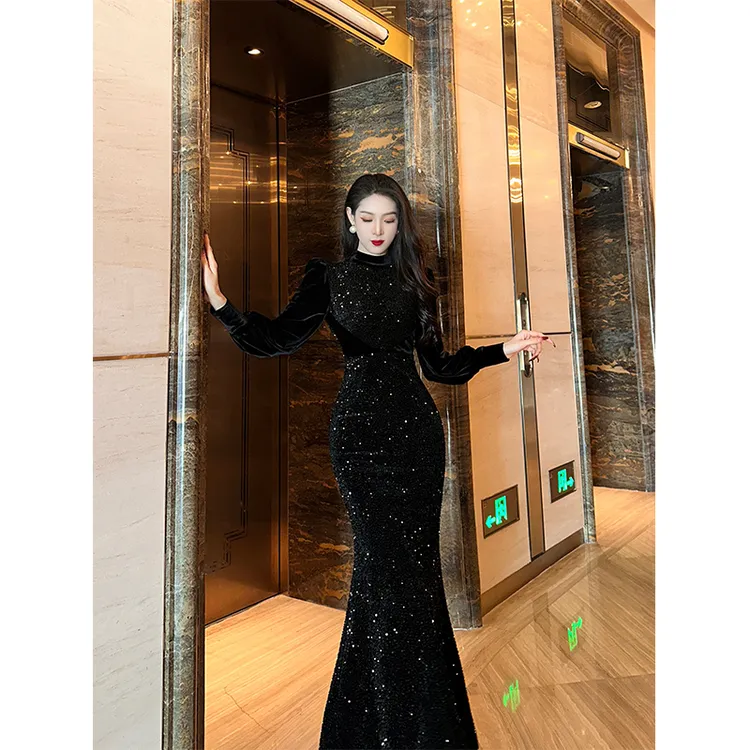 【尤克菲儿】原创设计轻奢丝绒珠片长裙拼接亮片气质优雅修身连衣裙