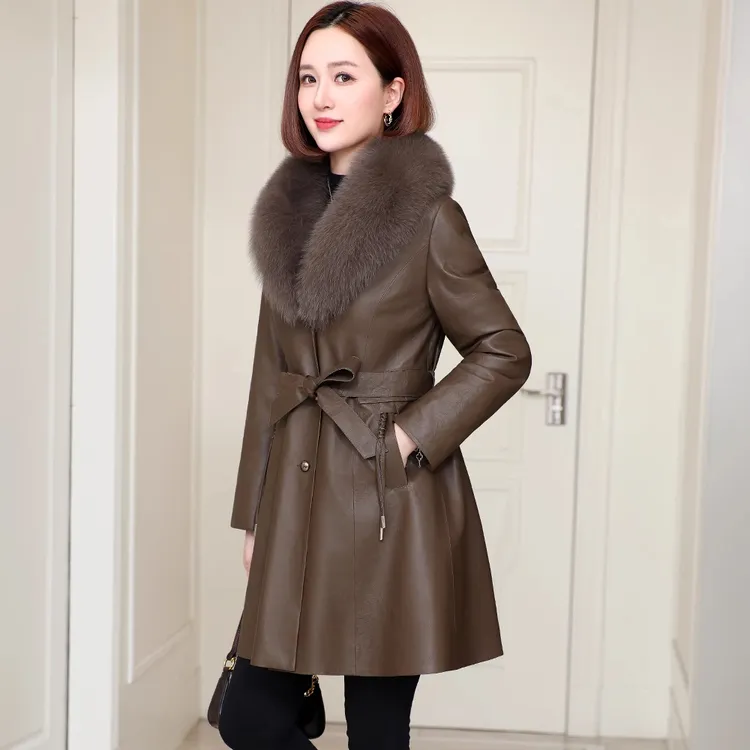 海宁真皮羽绒服女2025冬季新款绵羊皮系带收腰显瘦中长款皮衣外套