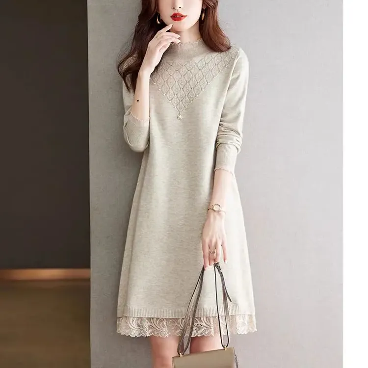 秋冬半高领打底中长款针织拼接连衣裙大码女装宽松显瘦蕾丝内搭