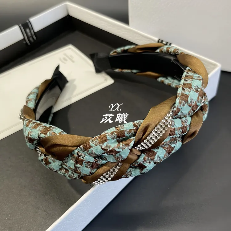 绿色千鸟格水钻30-40岁发箍显脸小麻花辫头箍带齿高颅洗脸发卡箍