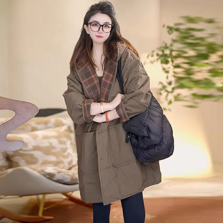 高级感加厚保暖夹棉棉衣外套女2024秋冬新款休闲连帽格子外穿棉服