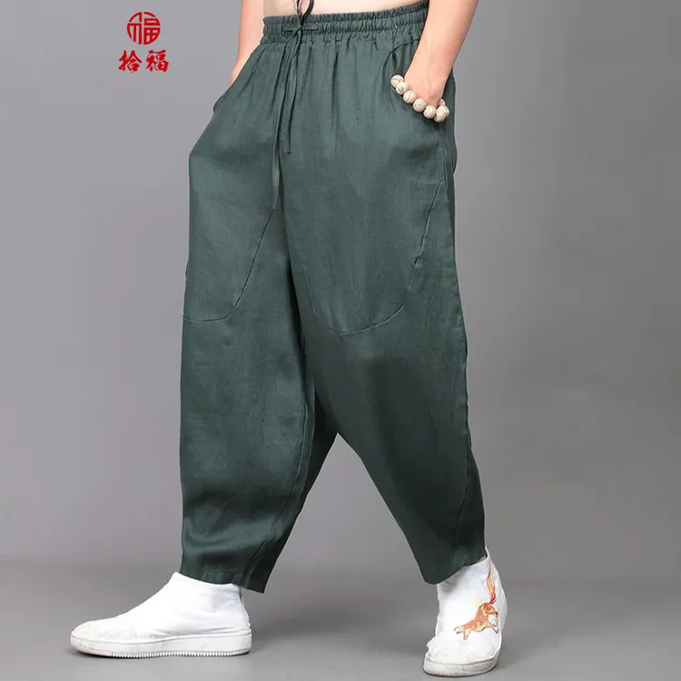 100%亚麻男士休闲裤吊档青年棉麻裤子夏季薄款中国风宽松小脚哈伦