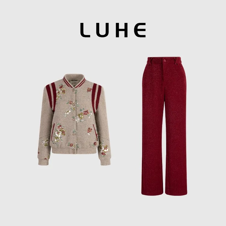 LUHE【古堡红茶】hehe私服~重工珠片绣撞色羊毛羽绒服+灯芯绒裤