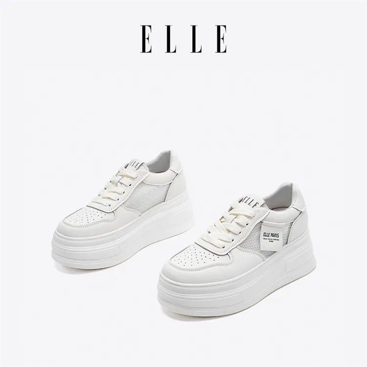 ELLE时尚小白鞋女2024春秋季新款潮流百搭厚底增高系带透气休闲鞋