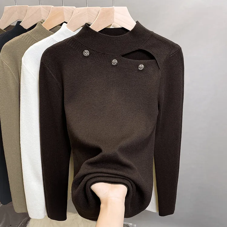 秋冬新款半高领针织毛衣女胖mm镂空设计感打底衫时髦百搭漂亮小衫