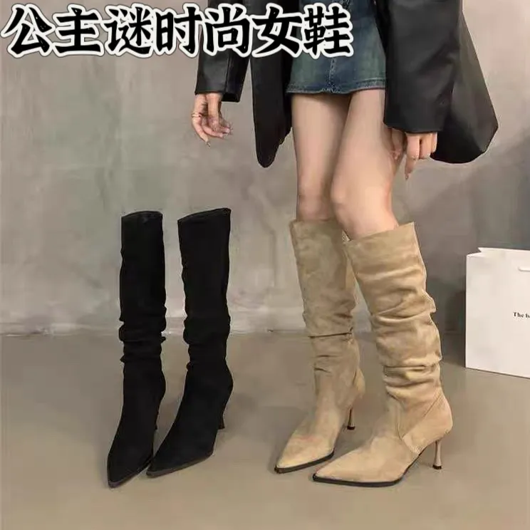 欧美尖头百搭增高长靴女2025秋冬细跟洋气堆堆靴高跟不过膝长筒靴