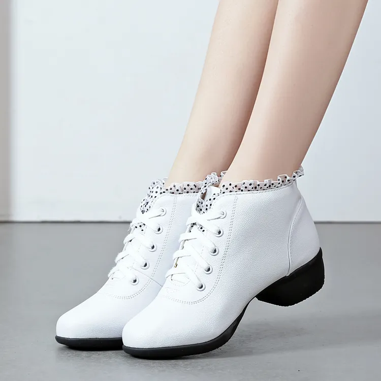 特丝丽她秋冬新款广场舞鞋中跟舞蹈鞋透气白色跳舞鞋中老年妈妈鞋