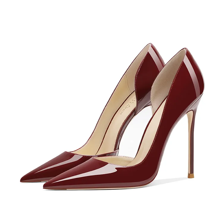 酒红色侧空高跟鞋女尖头浅口性感12cm漆皮红底时尚白搭气质单鞋女