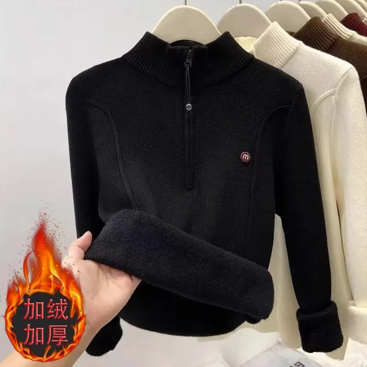 一体绒加厚毛衣女秋冬新款半开领拉链针织打底衫宽松保暖内搭上衣
