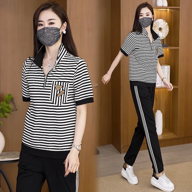 2024夏季中年妈妈时尚减龄运动服套装条纹立领上衣休闲裤女6811