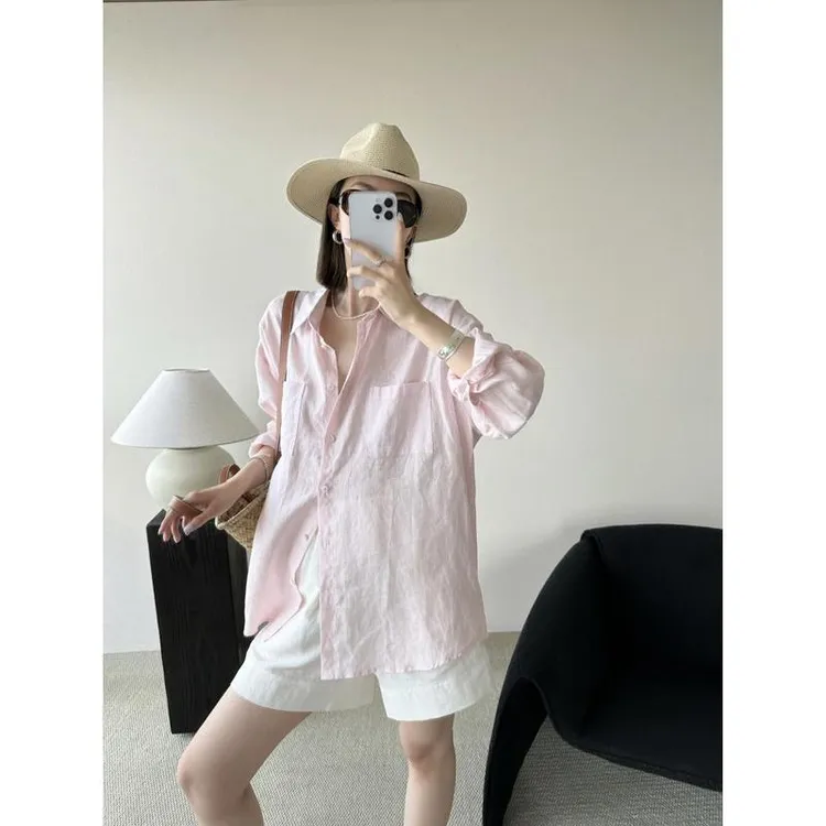 粉色棉麻衬衫防晒衬衫女夏季极简风棉麻轻盈透气衬衣