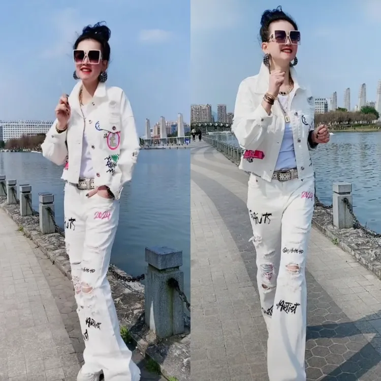 潮牌欧洲站2025秋季洋气休闲时尚休闲外套裤子白色牛仔女装套装