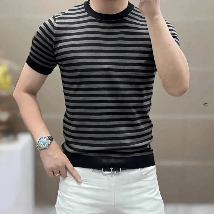 秋冬新款男士高端时尚条纹圆领潮牌短袖体恤修身帅气百搭男装T恤