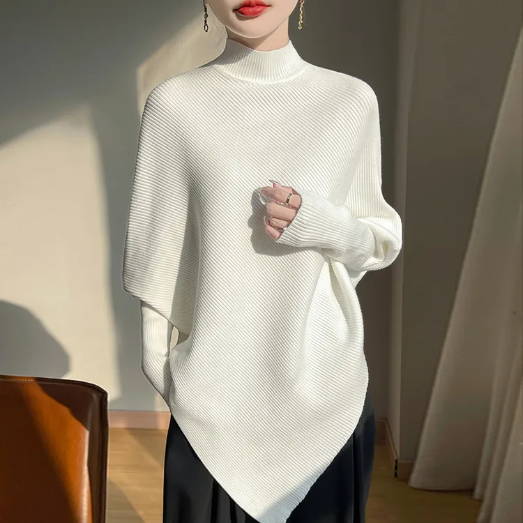 7089秋冬新款半高领不规则设计针织衫女宽松斗篷蝙蝠袖超保暖毛衣