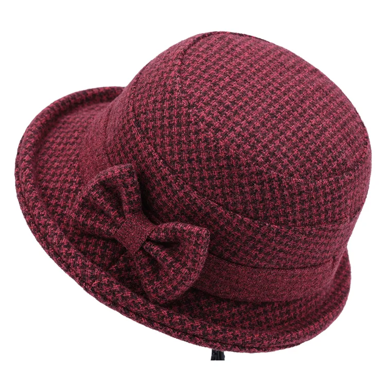 秋冬新品渔夫帽中年老人盆帽毛呢加厚保暖妈妈千鸟格百搭时尚