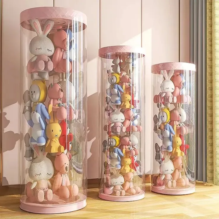 娃娃收纳桶毛绒玩具亚克力圆柱玩偶公仔收纳神器防尘落地转大容量